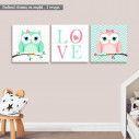 Kids canvas print Owls girly love,  3 panels