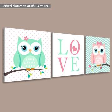 Kids canvas print Owls girly love,  3 panels 2