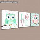 Kids canvas print Owls girly love,  3 panels