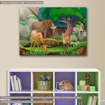 Πίνακας παιδικός σε καμβά Ελέφαντας, καμηλοπάρδαλη, αντιλόπη και λεοπάρδαλη στη ζούγκλα