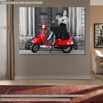 Canvas print A lady with a red vespa