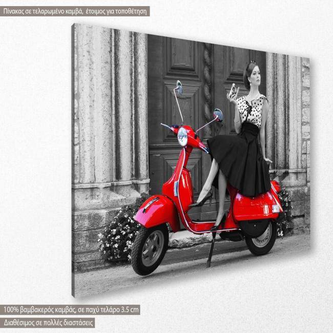 Canvas print A lady with a red vespa, side