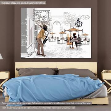 Canvas print Musician in front of cafe