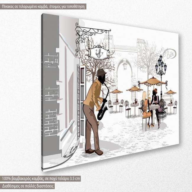 Canvas print Musician in front of cafe, side