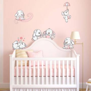 Αυτοκόλλητα τοίχου παιδικά Κουνελάκια παντού ροζ, μεγάλη συλλογή