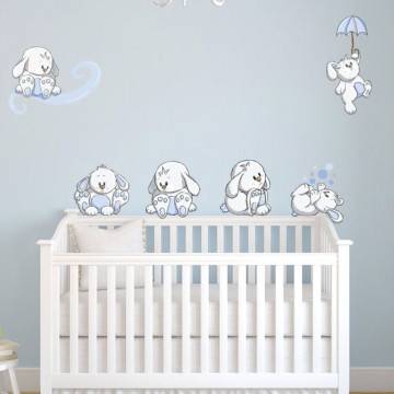 Αυτοκόλλητα τοίχου παιδικά Κουνελάκια παντού γαλάζια, μεγάλη συλλογή