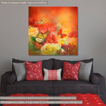 Canvas print Butterfly and yellow roses