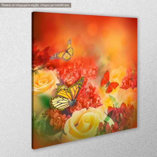 Canvas print Butterfly and yellow roses, side