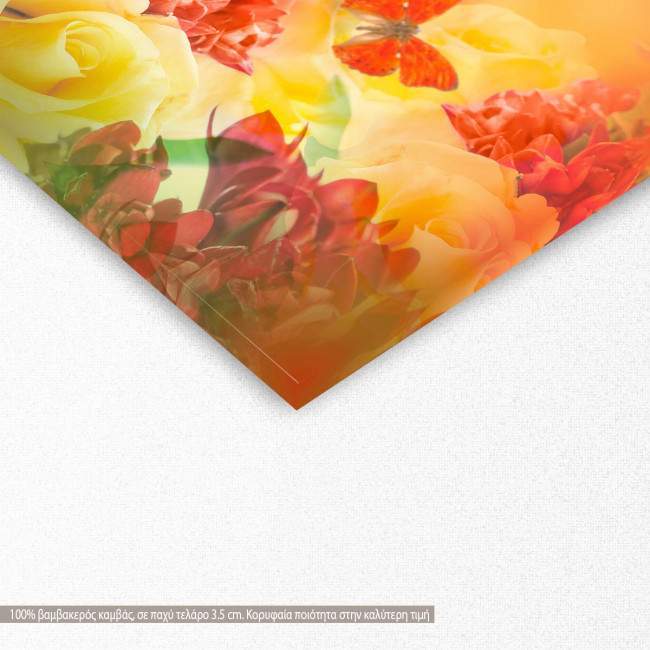 Canvas print Butterfly and yellow roses, detail