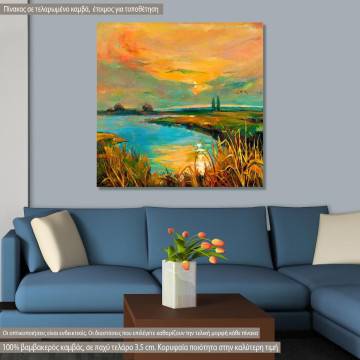 Canvas print boat, Sunset over lake I