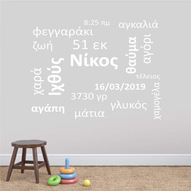Αυτοκόλλητα τοίχου παιδικά λέξεις, όνομα, ημερομηνία, ζώδιο, Baby word cloud