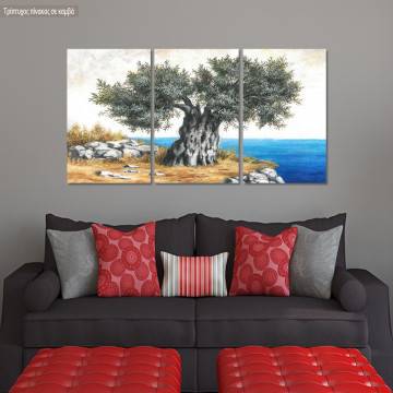 Canvas print Olive tree by the sea, 3 panels panoramic