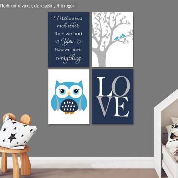 Kids canvas print Now we have everything, owl, boys four panels