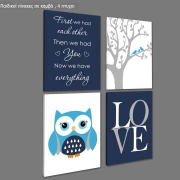 Kids canvas print Now we have everything, owl, boys four panels 2