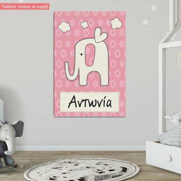 Canvas print little elephant with name, pink