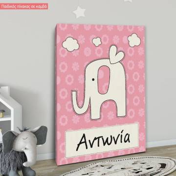 Canvas print little elephant with name, pink 2