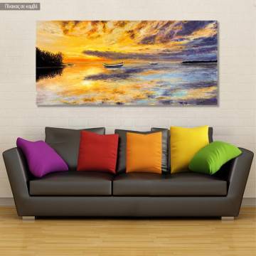 Canvas print Boat and sunset, panoramic