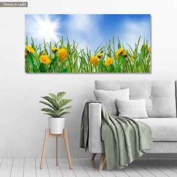 Πίνακας σε καμβά Yellow dandelions and grass, πανοραμικός