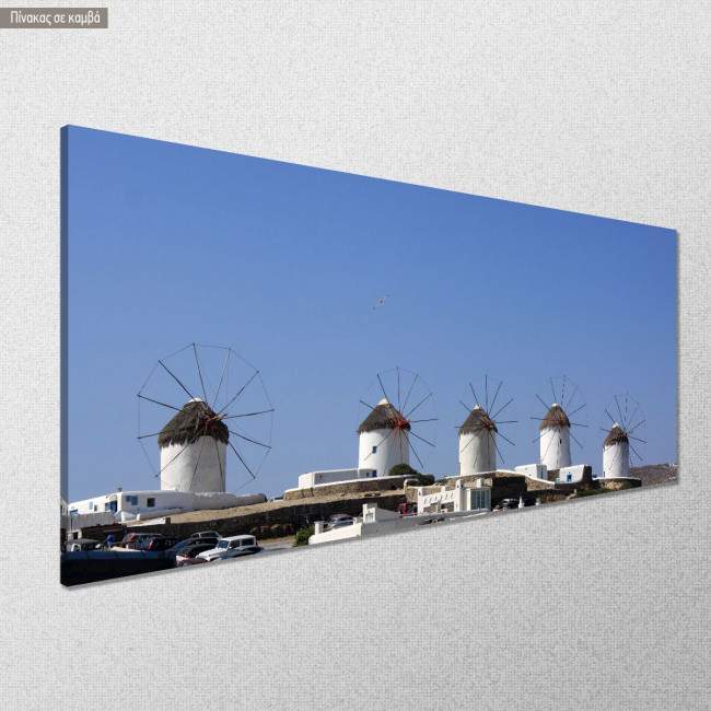 Canvas print Mykonos windmills, panoramic, side