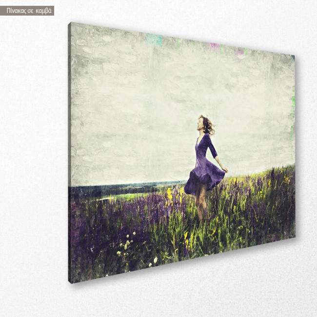 Canvas print Young girl in a sage flower field, side