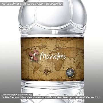 Αυτοκόλλητη ετικέτα Χάρτης με ξύλινο αεροπλάνο και πυξίδα