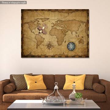 Πίνακας σε καμβά Οld world map wooden plane