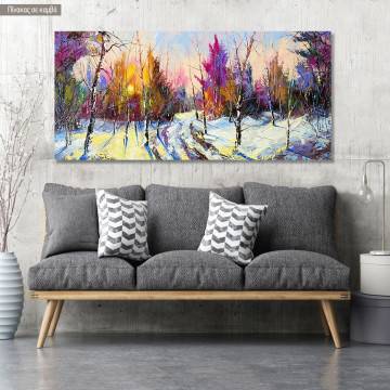 Canvas print Sunset in winter forest, panoramic