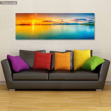 Canvas print Sunset in blue lake, panoramic
