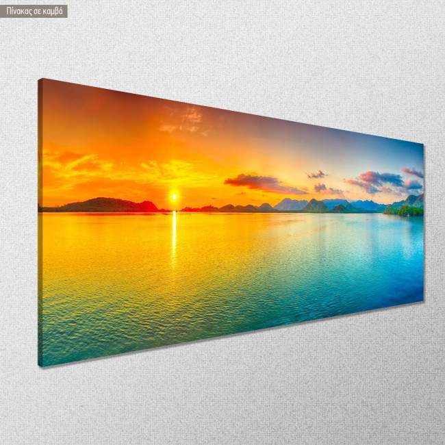 Canvas print Sunset in blue lake, panoramic, side