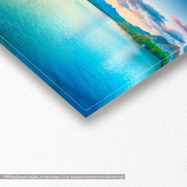 Canvas print Sunset in blue lake, panoramic