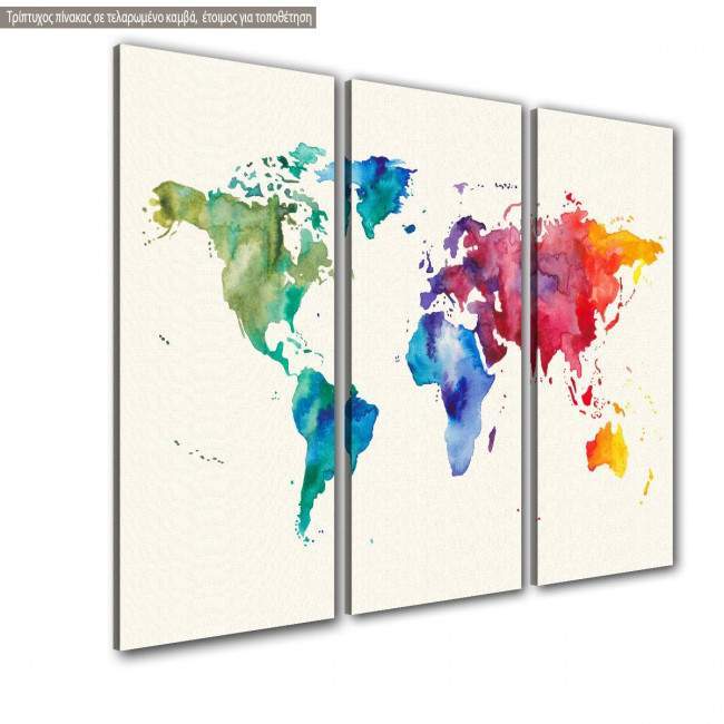 Πίνακας σε καμβά Watercolor World Map, τρίπτυχος, κοντινό