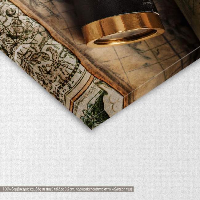 Canvas print Vintage compass telescope and map,  3 panels, detail