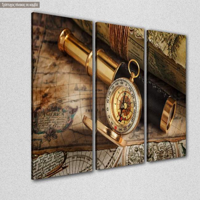 Canvas print Vintage compass telescope and map,  3 panels, side