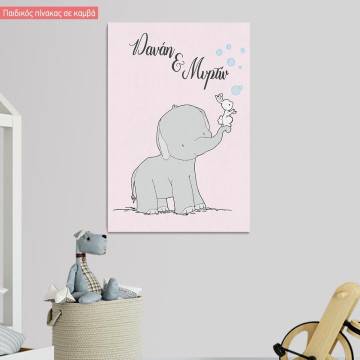 Kids canvas print Siblings, cute elephant and bunny with bubbles