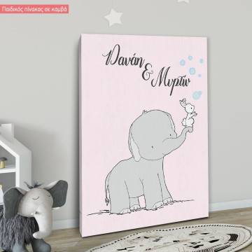 Kids canvas print Siblings, cute elephant and bunny with bubbles 2