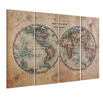 Canvas print Old world map in hemispheres four panels 2
