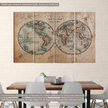 Canvas print Old world map in hemispheres four panels