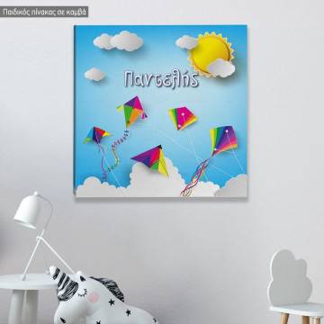 Πίνακας παιδικός σε καμβά Kites in the sky, τετράγωνο