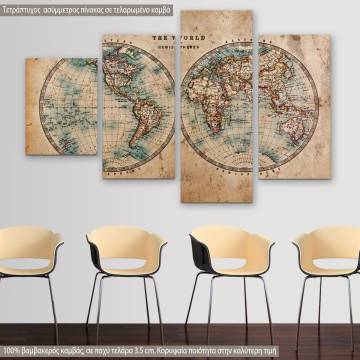 Canvas print  Old world map in hemispheres four panels asymmetric