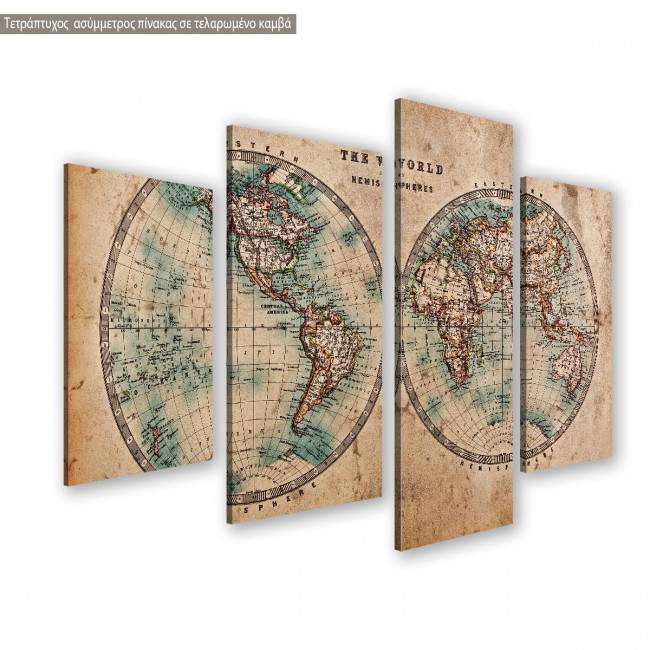 Canvas print  Old world map in hemispheres four panels asymmetric