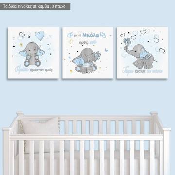Kids canvas print First we was just us, little elephant, hearts and stars,  3 panels 2