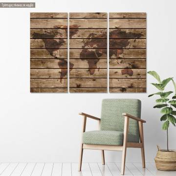 Πίνακας σε καμβά World map on wood, τρίπτυχος