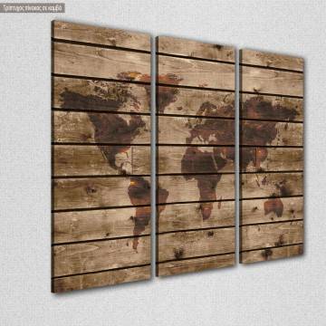 Πίνακας σε καμβά World map on wood, τρίπτυχος 2