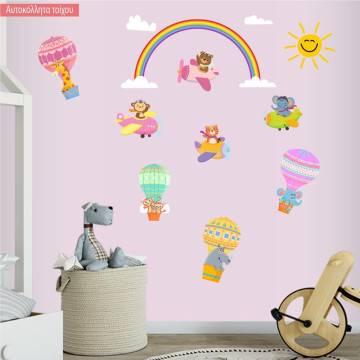 Αυτοκόλλητα τοίχου παιδικά Ιπτάμενα ζωάκια, για κοριτσάκι, με αερόστατα, αεροπλάνα και ουράνιο τόξο