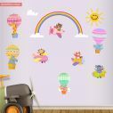 Αυτοκόλλητα τοίχου παιδικά Ιπτάμενα ζωάκια, για κοριτσάκι, με αερόστατα, αεροπλάνα και ουράνιο τόξο