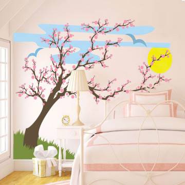 Αυτοκόλλητο τοίχου ανθισμένο δέντρο, δέντρο, ήλιος και πουλιά. Ανοιξιάτικο τοπίο