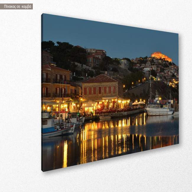 Canvas print Harbor and castle with night lights, side