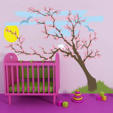 Αυτοκόλλητο τοίχου ανθισμένο δέντρο, ουρανός ήλιος και πουλιά, Ανοιξιάτικο τοπίο