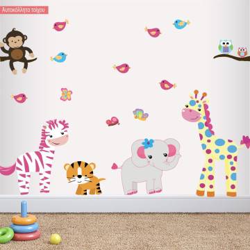 Αυτοκόλλητα τοίχου παιδικά Ζωάκια Cute pink Africa 2
