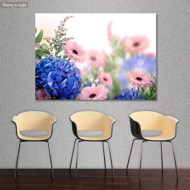 Canvas print Blue hortensias and pink margaritas